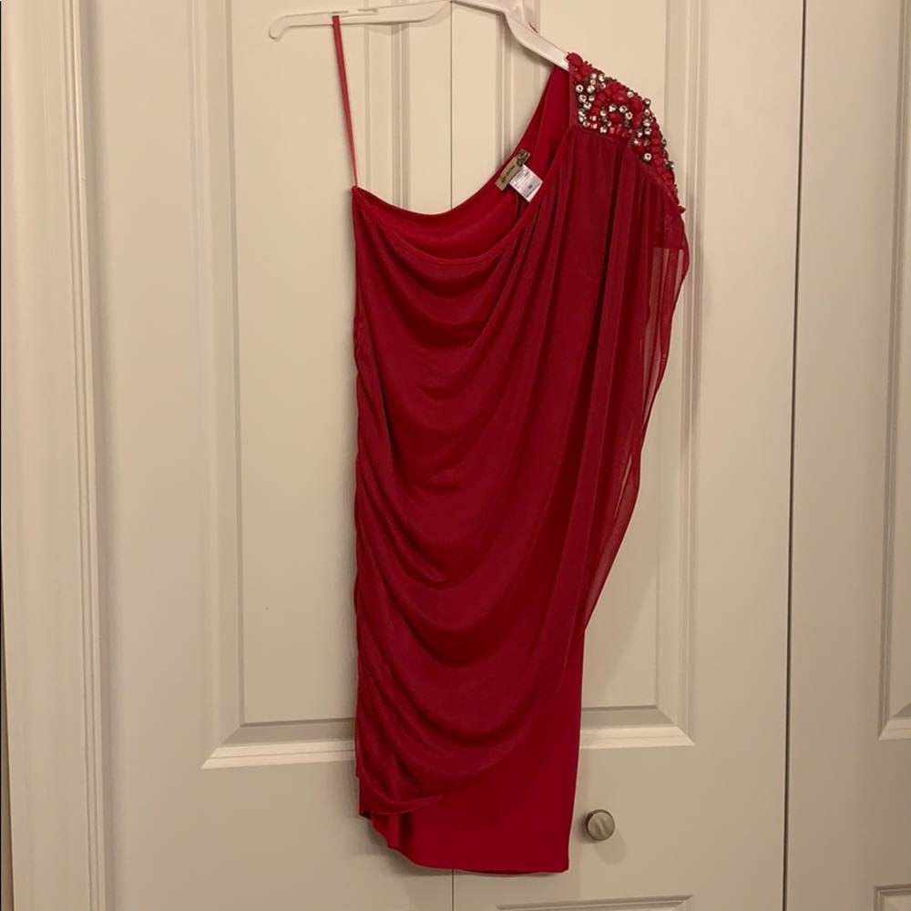 pink dress with left shoulder detail